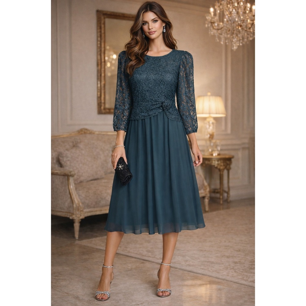 In The Mood Lace Dress Women 12 Teal 80s Vintage Evening Romantic Occasion Retro